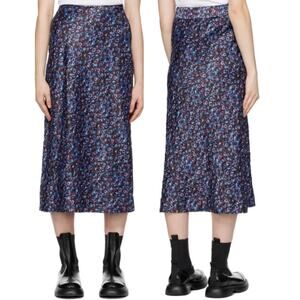 Ganni Floral Print Crinkled Stretch Satin Pencil Midi Skirt Black/Purple/Blue 40